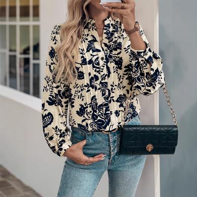 Nuevo Top de Otoño Retro Estampado de Cuello Mao Pequeño para Temperamento Elegante de Mujer Camisa Plisada de Manga Larga