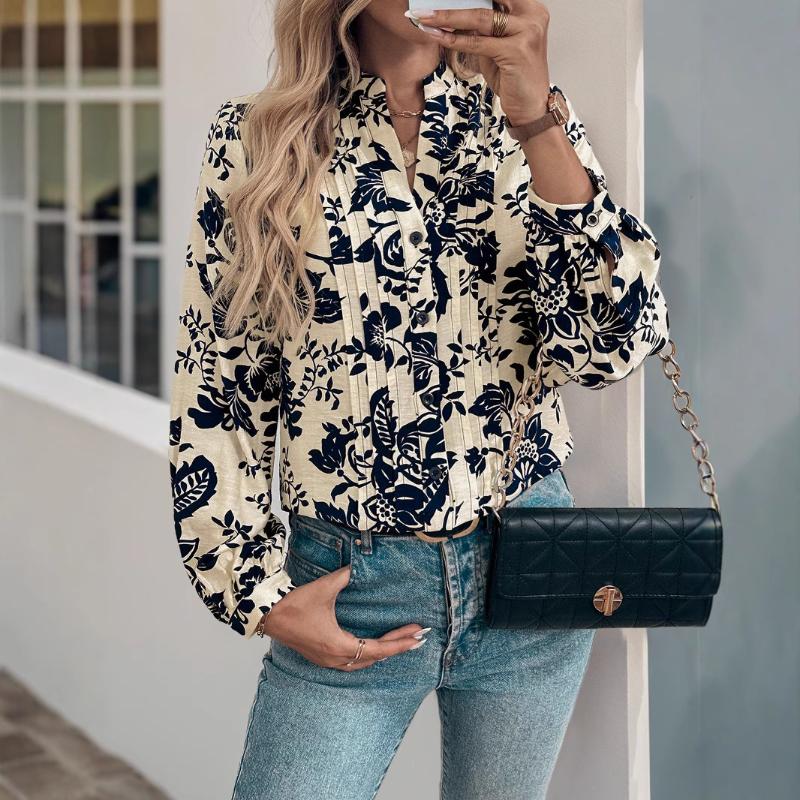 Nouveau Haut d'Automne Rétro Imprimé à Petit Col Montant pour Tempérament Féminin Élégant Chemisier Plissé à Manches Longues