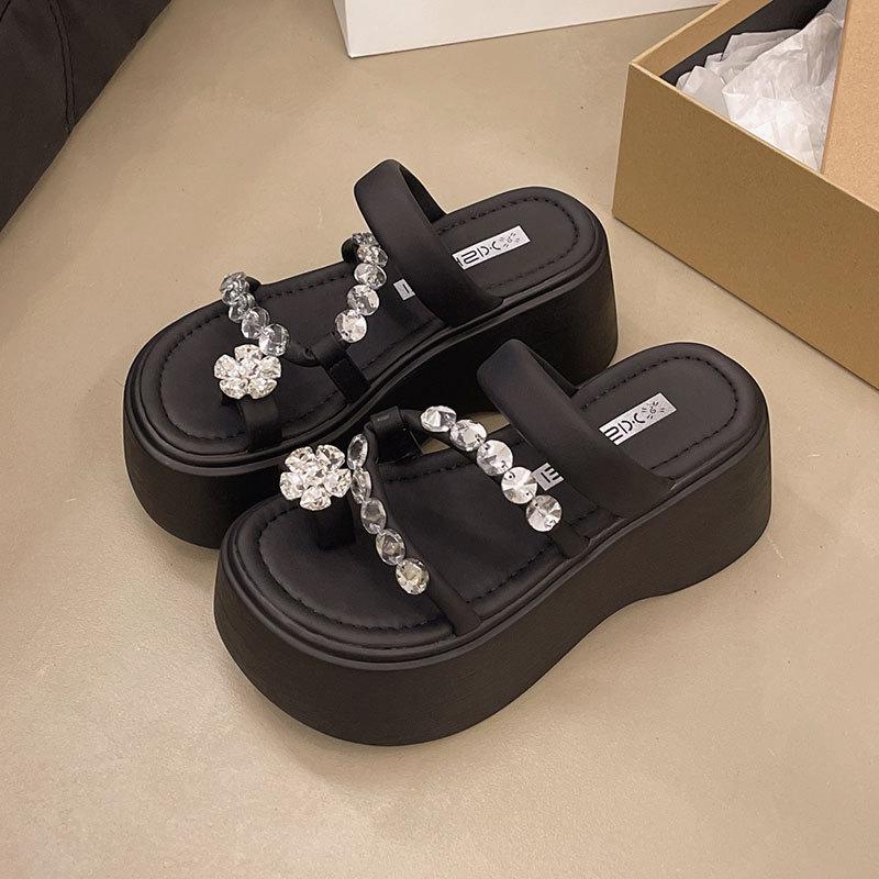 Muffin thick-soled heightening and cool slippers for women's summer wear 2025 new models with skirts, fashionable cover, toe rhinestone high-heel