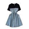 Spring and Autumn Fashion A- line Denim Dress Fake Two-Piece