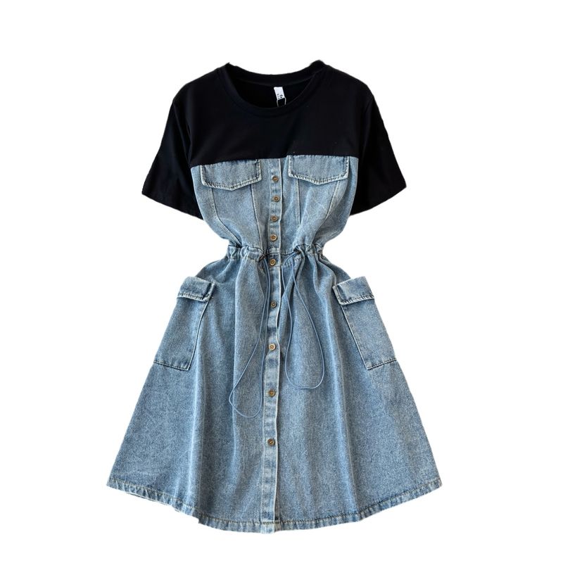 Spring and Autumn Fashion A- line Denim Dress Fake Two-Piece