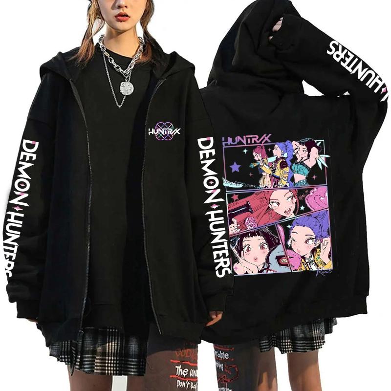Kpop Demon Hunters Print Zipper Hoodie Women Casual Harajuku Rits Hoodies Long Sleeve Fleece Sweatshirts S