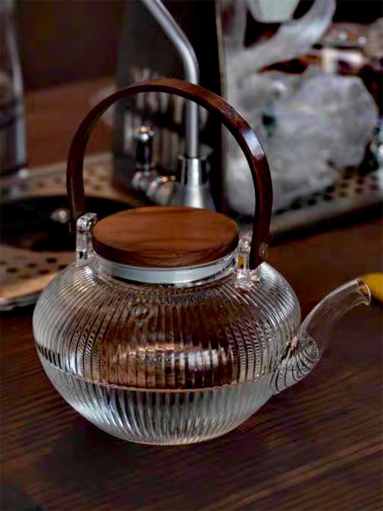

800 мл Вертикальные полосы Деревянная балка Стеклянный чайник с чайным ситечком Кипячение Пуэр Улун Набор для чая Кунг-фу Здоровье Чайник для цветочного чая