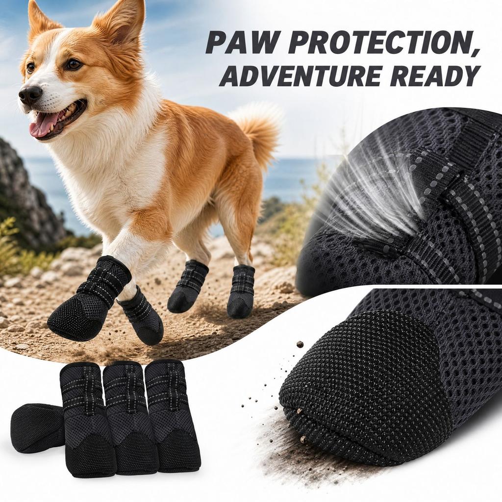 Dog Boots with Breathable Non- Soles, Heat and, Reflective Strips and Adjustable Straps for Outdoor Walks