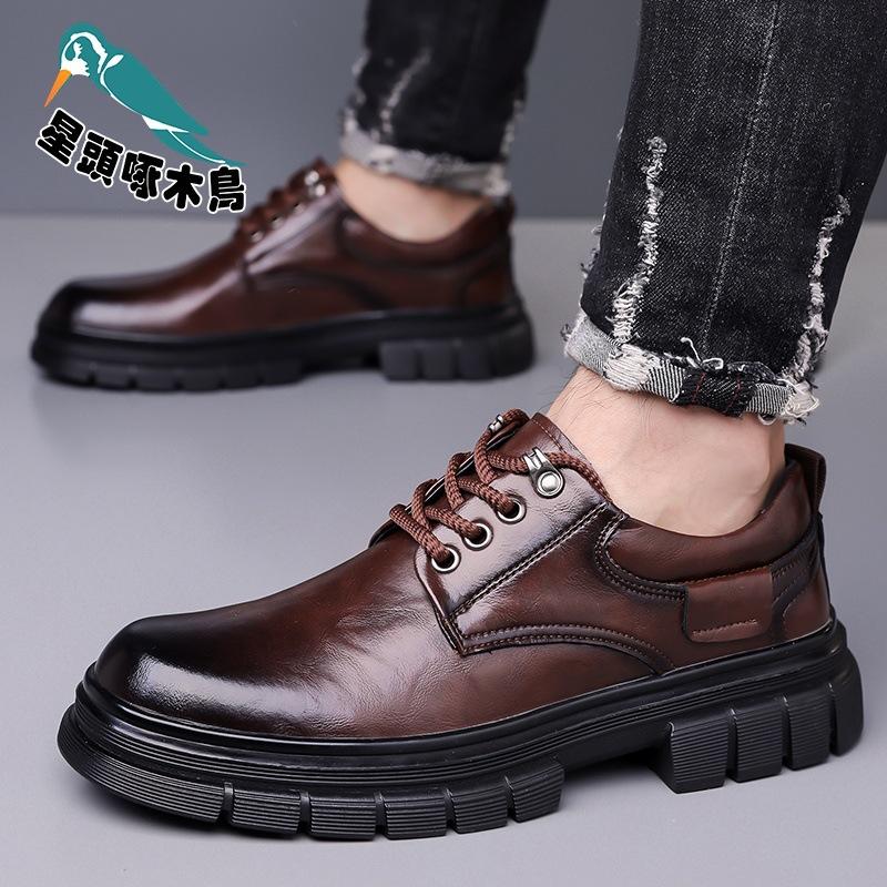 Autumn new hand-scratched men's shoes cowhide big head low-top Martin shoes platform business leather shoes