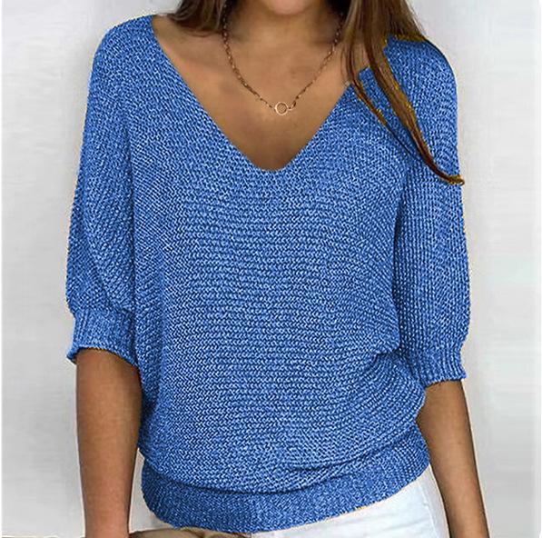 2026 Women's Solid Color Round Neck Knitwear Three-Quarter Sleeve Top