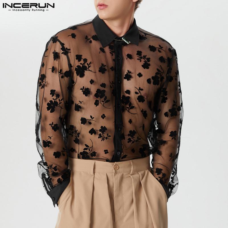 

INCERUN Мужские сетчатые топы с длинными рукавами и цветочным принтом, прозрачные рубашки