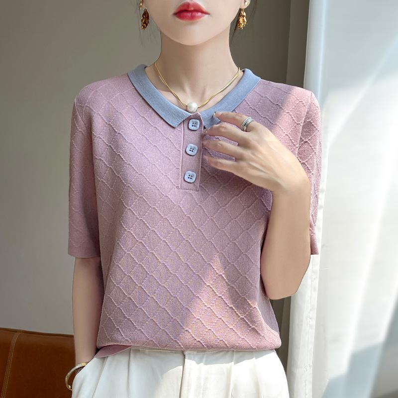 

Женская футболка с короткими рукавами из ледяного шелка с лацканами на лето, новая, свободного корейского стиля, универсальная, тонкая, контрастная вязаная футболка для женщин XL