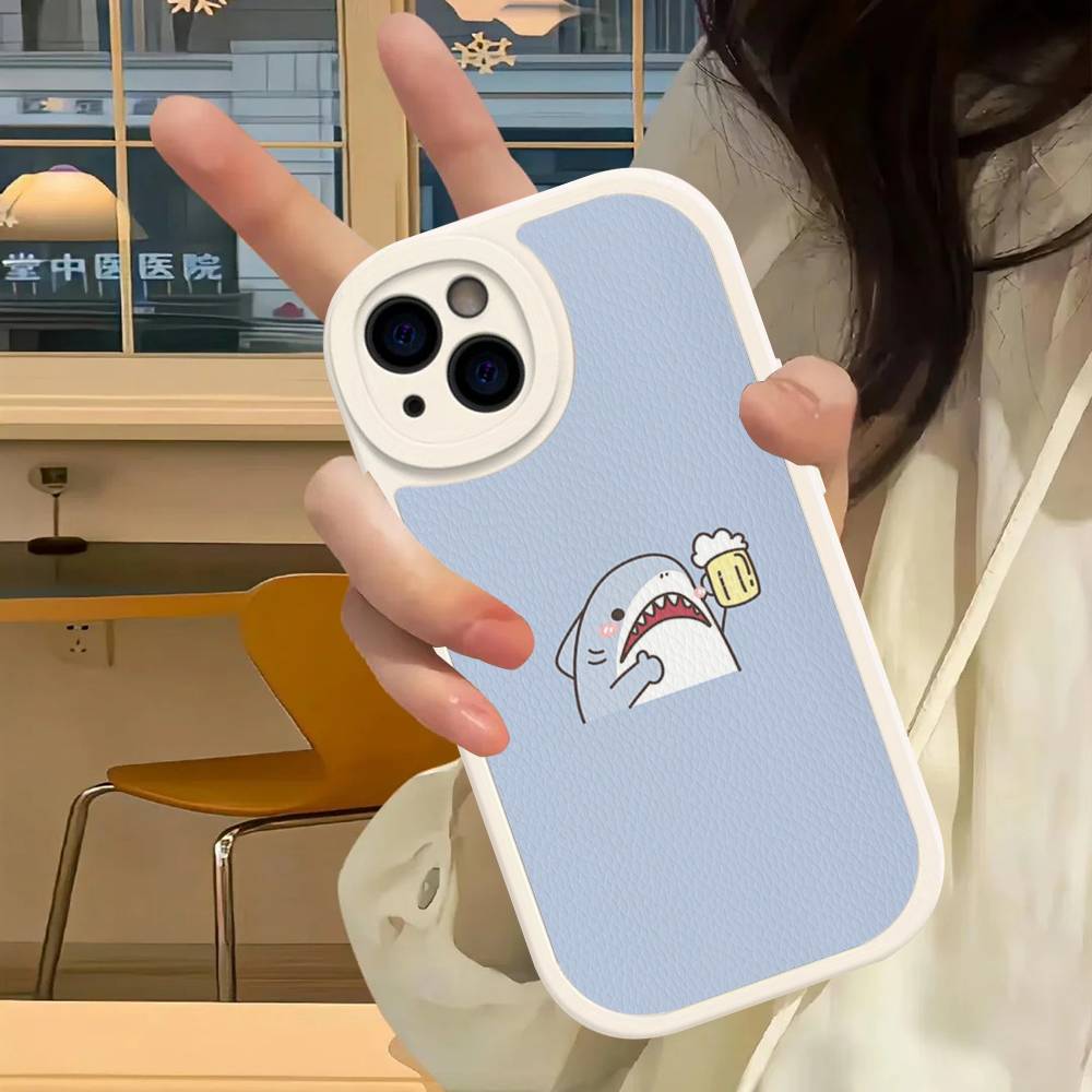 Cute anime Shark Leather Phone Case For iPhone 16 15 14 17 Pro Max 11 12 Mini Plus Soft Shell