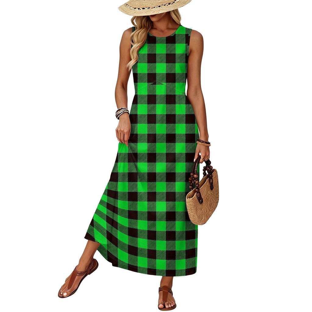 Women Sleeveless Summer Dress Casual Loose Fit Maxi Dress with Pockets Beach Vacation Sundress Lightweight Comfortable