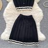 Summer Women Knitted Sweater College Letter Two Piece Set Fashion Girl Single Breasted Cardigan Top and Mini Pleated Skirt Suit