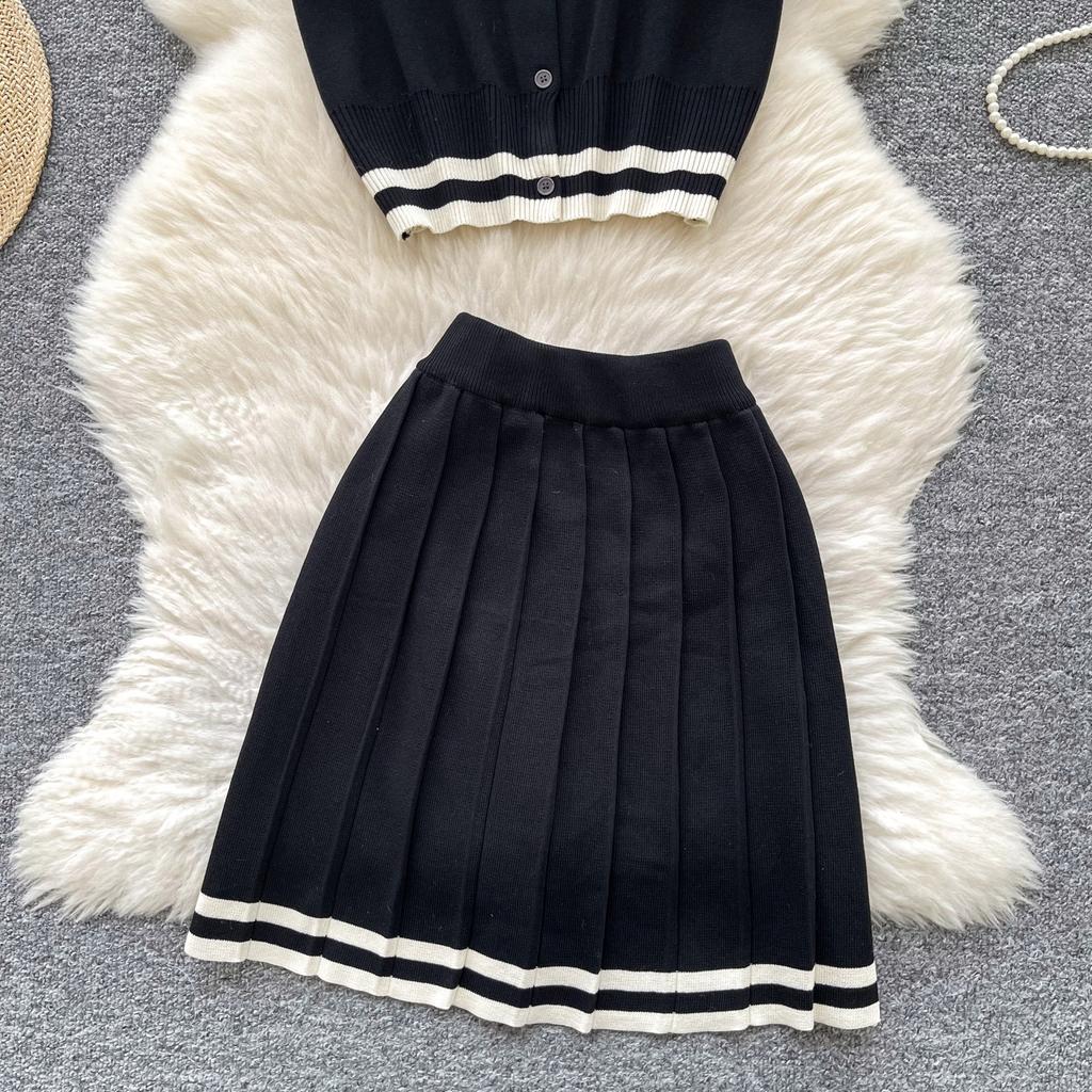 Summer Women Knitted Sweater College Letter Two Piece Set Fashion Girl Single Breasted Cardigan Top and Mini Pleated Skirt Suit