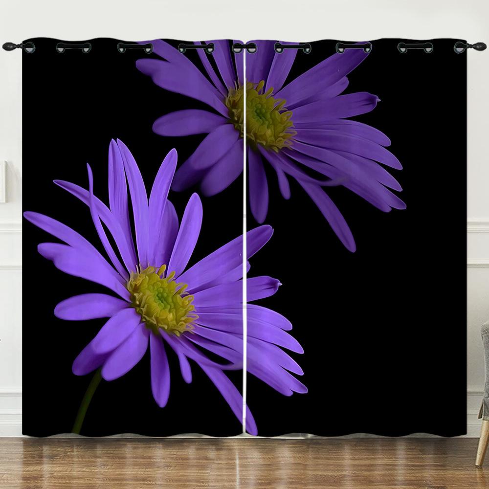 Curtains Small Daisies Black Bouquet 3D Digital Printing Blackout Curtain Punching