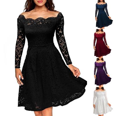 Women's  Casual Fasion Solid Color Strapless Hollow Out Long-sleeve Waist A-line Big Swing Lace With  Dress