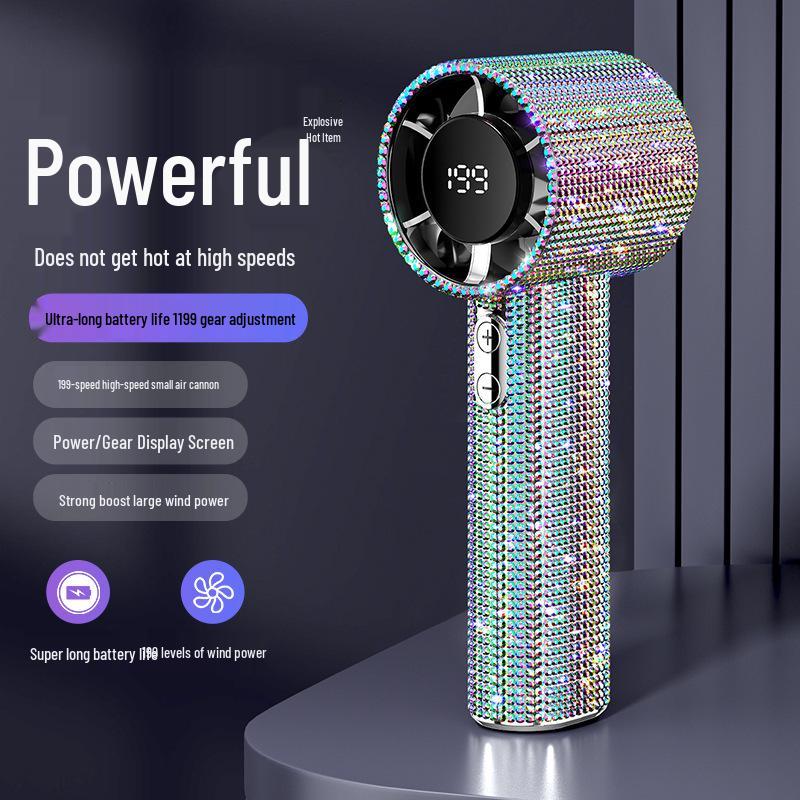 2026 Diamond S5 High-Speed Digital Turbo Handheld Fan with Full Diamond Design 55x156x54mm