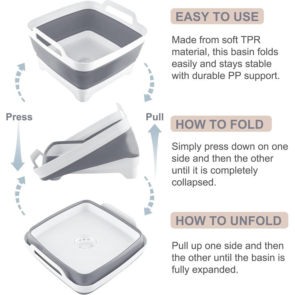 2.4 Gal(9L) Collapsible Dish Basin with Drain Plug,Space Saving Multiuse Foldable Sink Tub,Dishpan,Kitchen Sink for Camping,Vegetable Washing