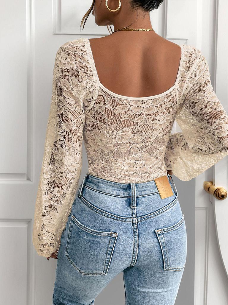 2026 European & American V-Neck Lace Sexy Bodysuit for Women
