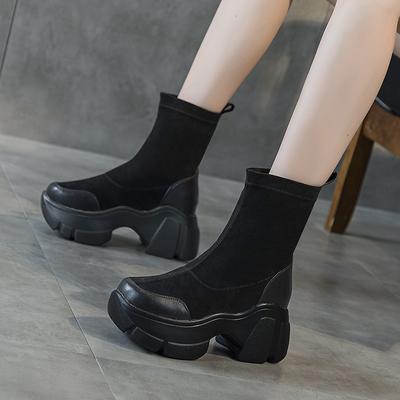 Schwarze Stretchstiefel Herbst neu innenhöhe erhöht atmungsaktiv High Heel kurze Stiefel dünne Stiefel Damen Sockenstiefel