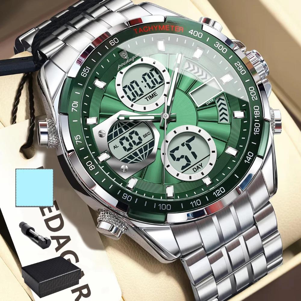 POEDAGAR Clock Waterproof Electronic LED Luxury Watches Dual Time Display Digital Stainless Steel Quartz Watch