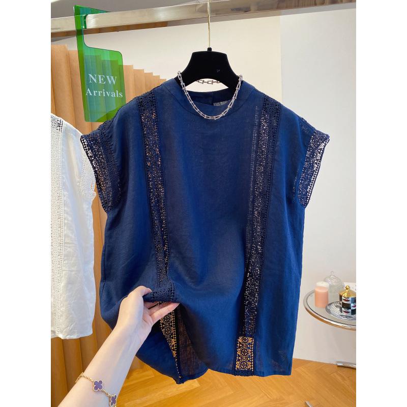 Women's White Lace Cotton Top - 2025 Summer Flutter Sleeve Patchwork Design