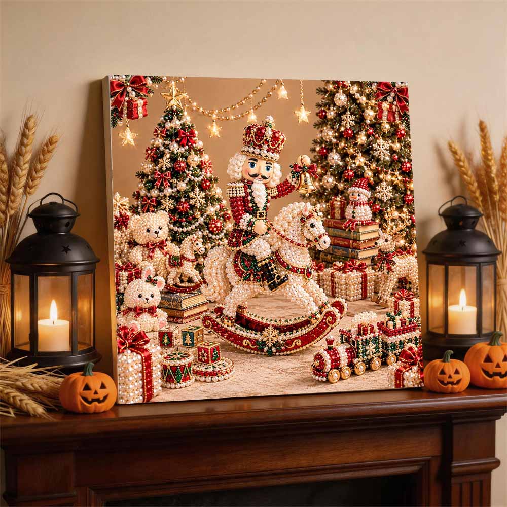 5D Pearl Painting Kit Framed with Christmas Nutcracker on Rocking Horse Design Sparkling Bead Art Canvas DIY Relaxing Craft for Wall Decor Gift