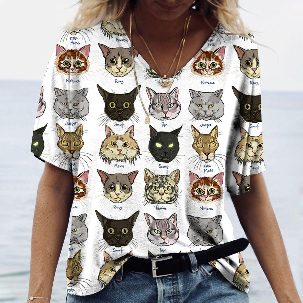 Ladies' V-neck T-shirt, Cat 3D Digital Print Casual Fashion T-shirt, Digital Print Short-sleeved T-shirt