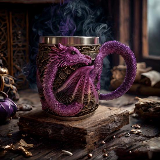 Dragon Beer Stein Tankard Drink Cup Resin Hand-Painted Purple Roaring Dragon Coffee