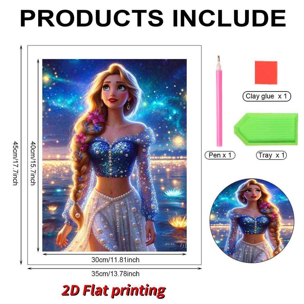 Frozen Princess Elsa Blue and White Pearl Dress Pearl Painting Starry Sky River Lamp Twist Braids Flowers In Hair Water Water Sparkling Theme Unframed