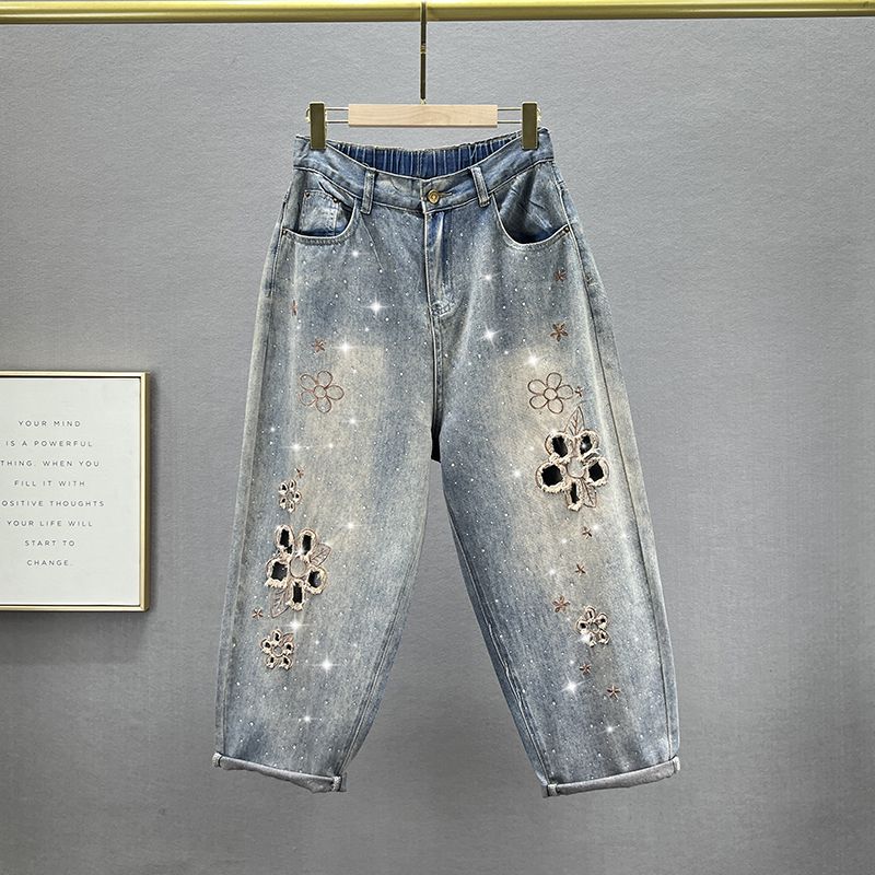 

Ультратонкий Деним Женская Мода 2024 Новое Поступление Летняя Одежда Высокая Посадка Свободные и Стройнящие Ретро Потертости Горячая Отделка Стразы Папины Штаны Бэгги Blue XL