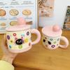 Cat Ceramic Cup with Lid Cute Girl Mug High Looking Water Cup Household Breakfast Cup Birthday Gift