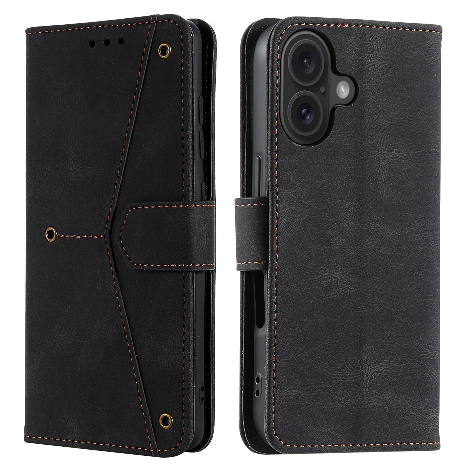 

For iPhone 16 Plus Case Splicing Stitching Leather Wallet Phone Cover Black