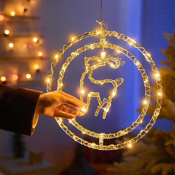 Warm White 3D Christmas Hanging Rotating Star Moon Night Lights for Merry Christmas New Year Holiday Tree Window Wall Decoration