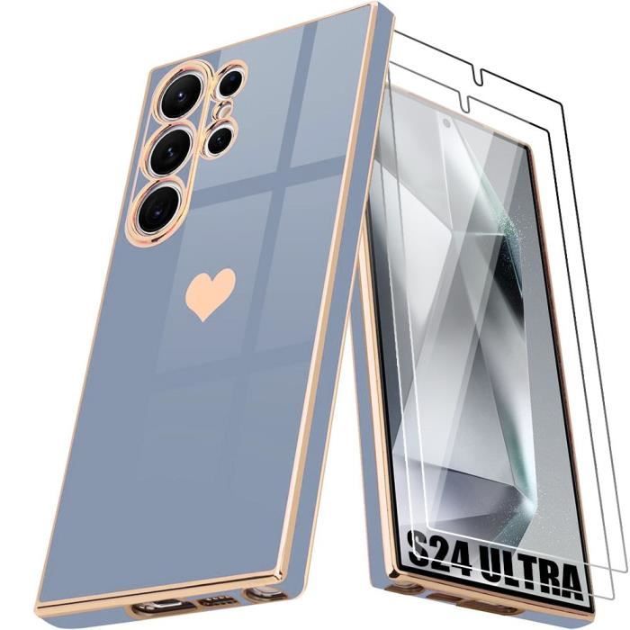 Coque de protection - BOOLING - pour Samsung Galaxy S24 Ultra - Silicone Bleu - Motif Cœur - 2 Verres Trempés