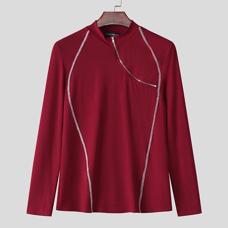 

INCERUN Мужские футболки с длинным рукавом и воротником-стойкой, на молнии, с декоративной строчкой по подолу, повседневные, облегающие XL вино красного