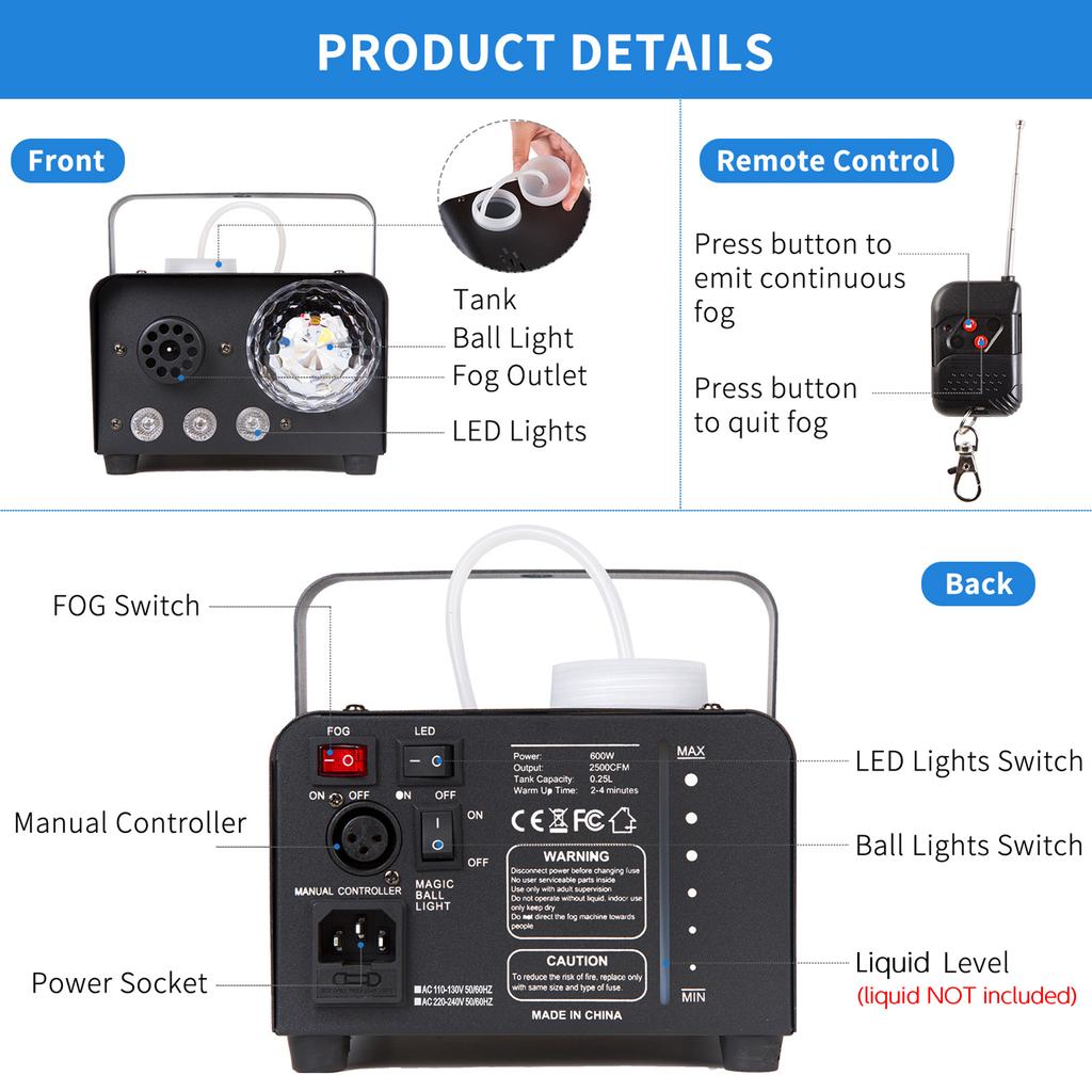 600W RGB Tragbare Nebelmaschine mit 3-farbigen LED-Leuchten Kugellicht 250ml Tank Fernbedienung Bühnennebelmaschine für