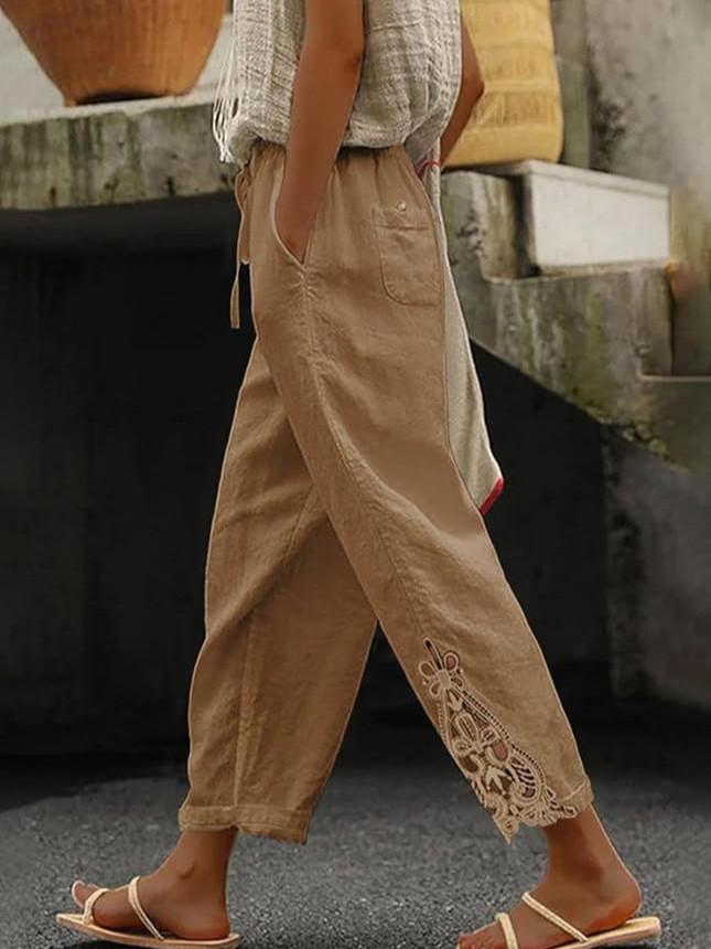Casual Cotton Pants With Lace Patchwork And High Waist For Womens Fall Fashion