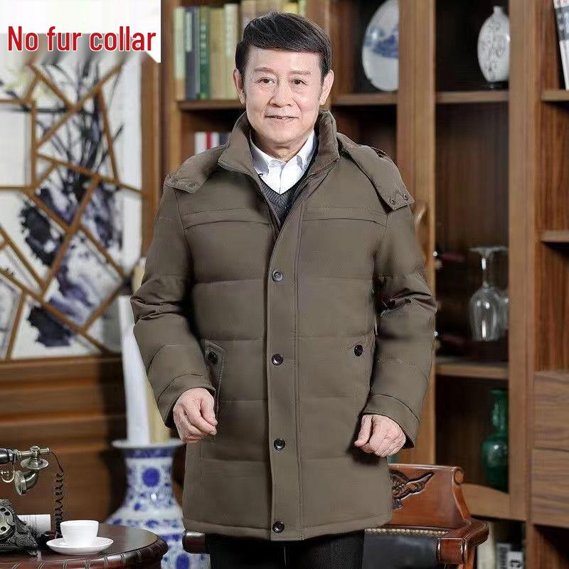 Pánská zimní péřová bunda střední délky s huňatou kapucí a kožíškem – Teplá, volný střih, velká velikost