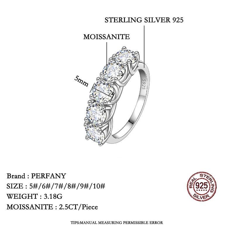PERFANY Anello in Moissanite 2.5/5CT per Donna Argento Puro S925 Anello a Cinque Pietre Matrimonio Lussuoso Gioielli di Alta Gamma