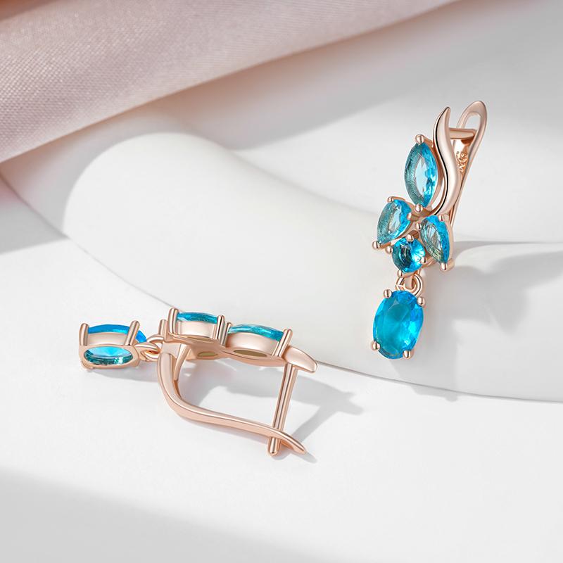Water Blue Zircon Dangle Earrings For Women Rose Gold Color Long Earrings Fine Jewelry Gift