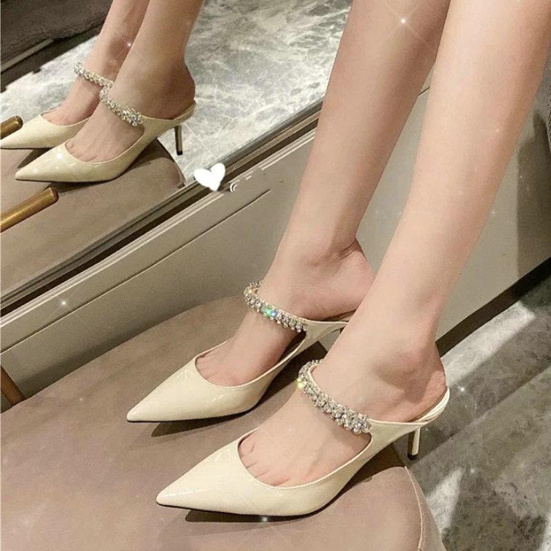 Fashion 2025 Summer New Baotou Half Slippers Women Fine With Pointy Head Rhinobarrhinos All Wear Network Red Tide High Heels