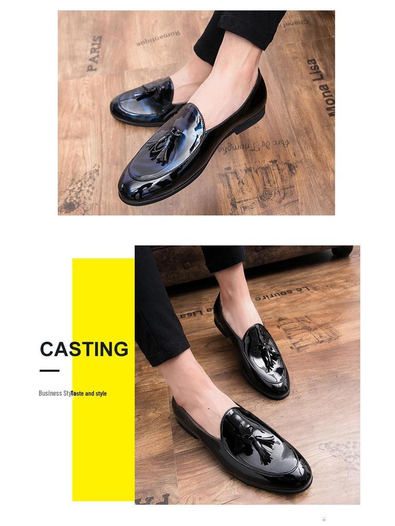 Men's Tassel Slip-on Leather Loafers - Pointed Toe, Plus Size, Formal Business Casual Shoes, Shiny Finish.