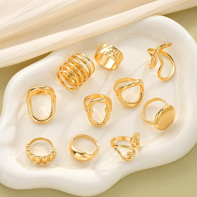 10Pcs/Sets Hiphop Irregular Hollow Arc-Shaped Rings for Women Men Punk Gothic Smooth Opening Rings Set Party Jewelry Accessories