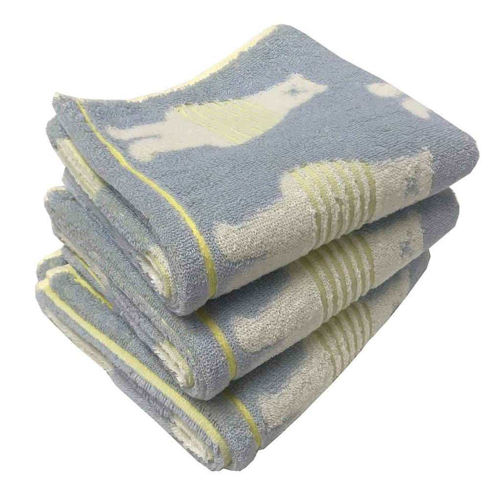 Imabari Towel Face Towel, Set of 3, Border Bear Pattern, 34x80cm (3 Blue Towels)