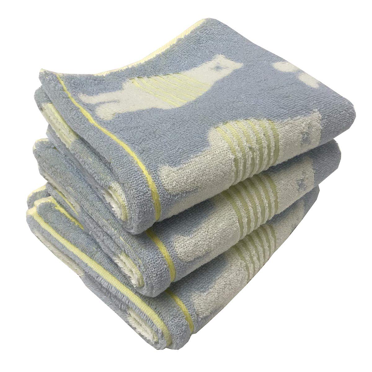 

Imabari Face Towels, Set of 3, Border Bear Pattern, 34x80cm (3 Blue Towels)