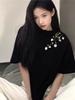 Women's Plus Size Retro Black Cotton Short Sleeve T-shirt with Trendy Loose Fit