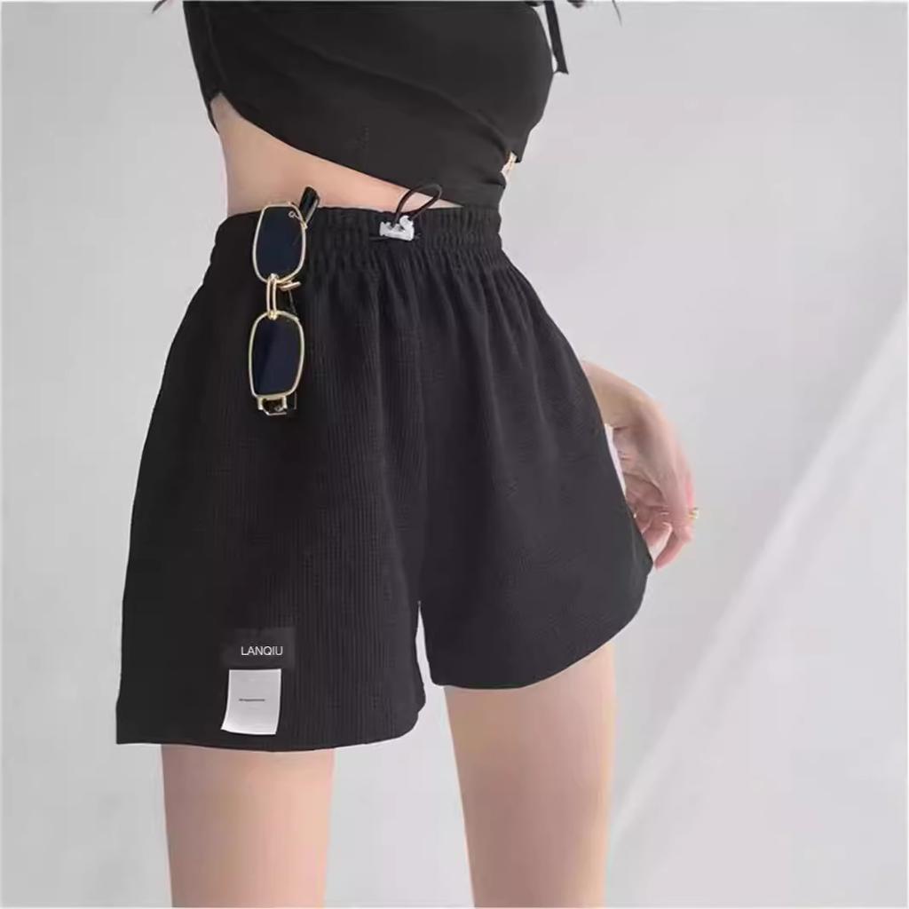 Waffle Shorts, Loose Sports Shorts Women's Elastic Waist Wide Leg Hot Pants Casual Skinny High Waist Straight Home