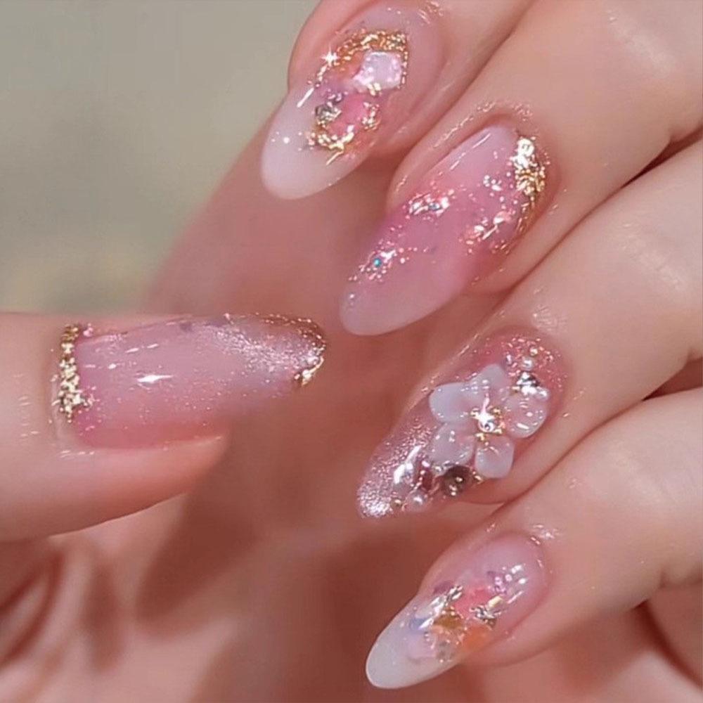 24-Piece 3D Rhinestone Crystal Floral Medium Almond Nails - Versatile, Detachable, and Gentle Wearable Manicure Set