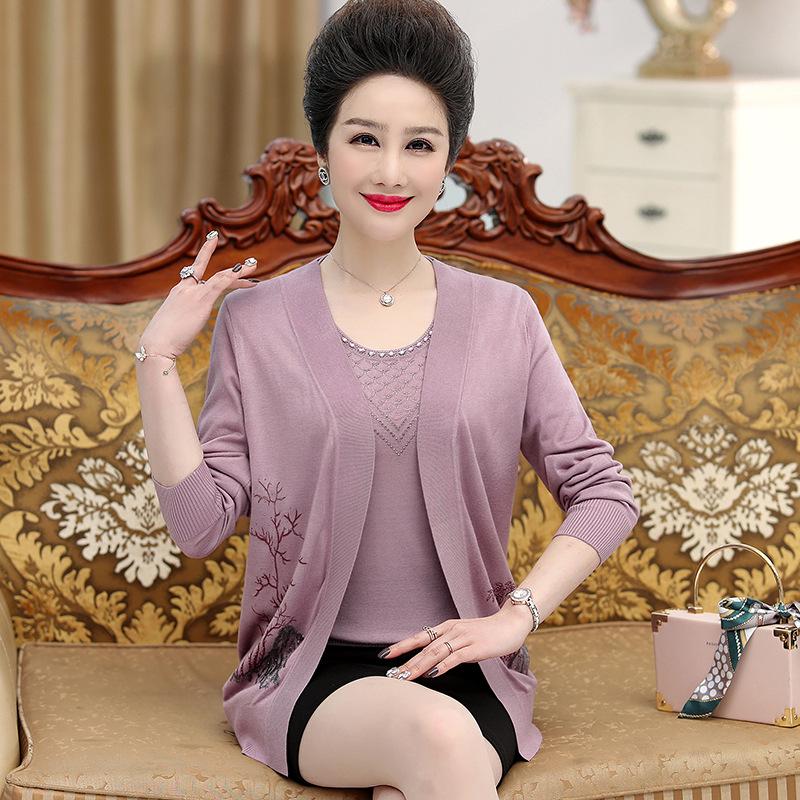 Women's Autumn & Spring Knitwear Set: Sweater & Cardigan for Middle-Aged & Elderly