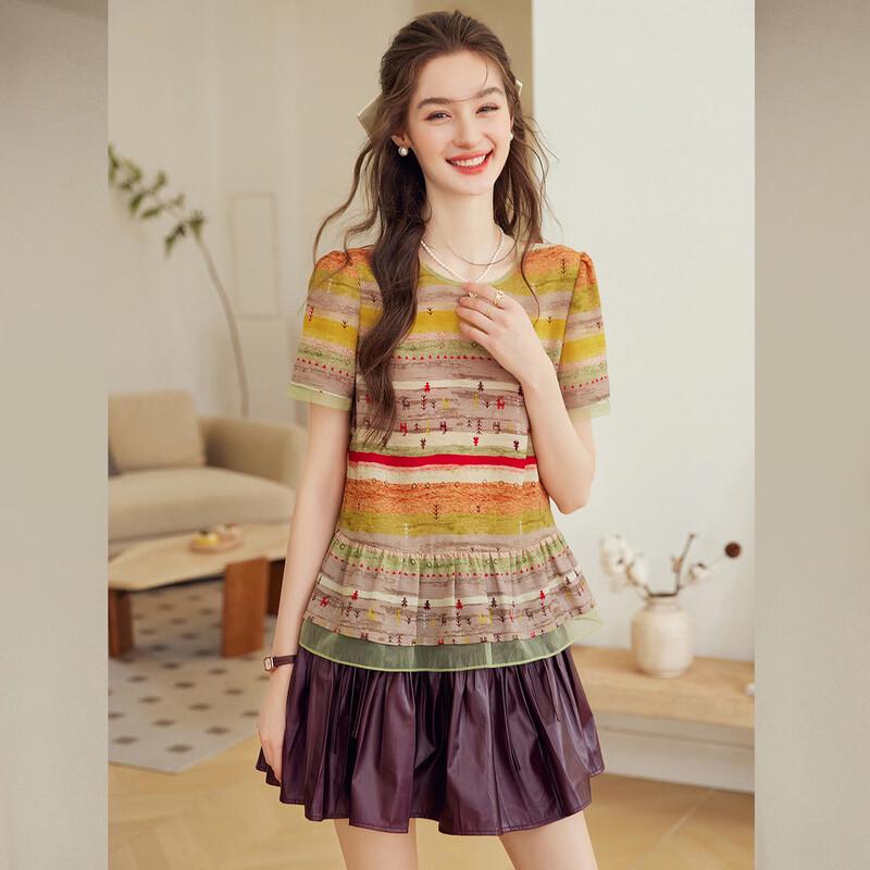 Women s Ruffle-Hem Printed Patchwork Short Sleeve Blouse M