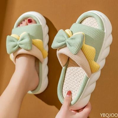 Lniane kapcie damskie kapcie wygodne antypoślizgowe domowe bawełniane buty śliczne Bowknot płaski pantofel pary slajdy wiosna lato